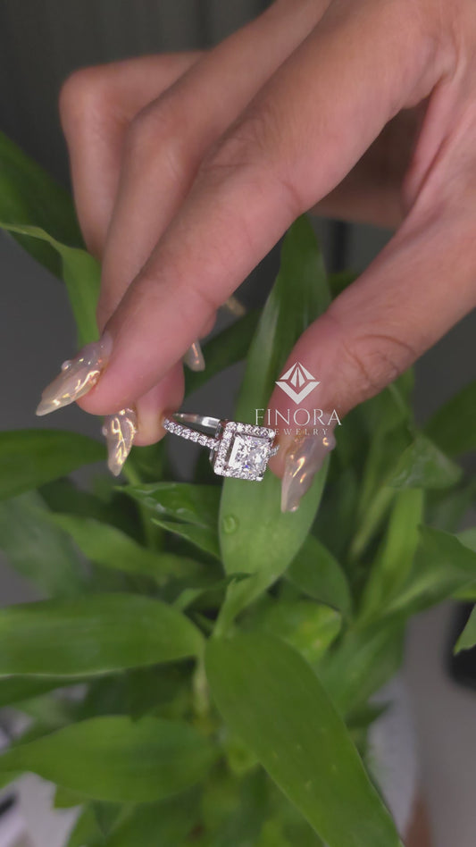 1.50 CT Princess Cut Moissanite Halo Engagement Ring in 925 Silver / 10K & 14K Gold