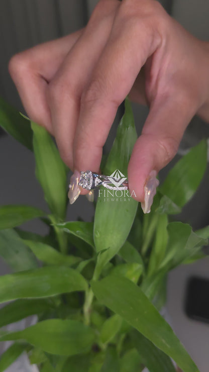 1.30 CT Round Cut Moissanite Halo Engagement Ring with Twisted Split Shank | 925 Silver & 10K/14K Gold | Finora Jewelry