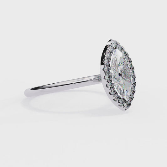 Marquise Cut Moissanite Halo Engagement Ring – 925 Silver / 10K / 14K / Platinum / White / Yellow / Rose Gold – Finora Jewelry