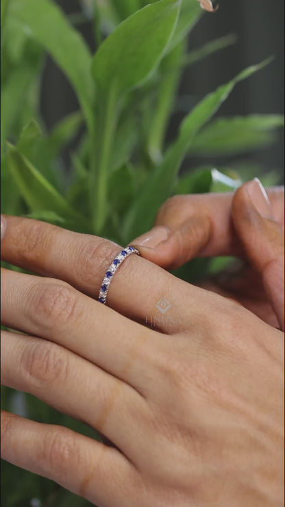 Blue & White Round Cut Moissanite Half Eternity Wedding Band, Stackable Ring – Finora Jewelry