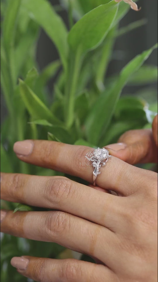 Oval Cut Moissanite Nature-Inspired Engagement Ring, Floral Vine Design – Finora Jewelry