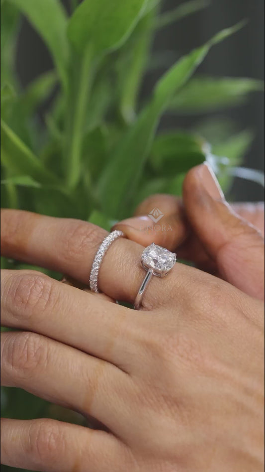 3.99 CT Cushion Cut Moissanite Engagement Ring with Pavé Band | Colorless VVS | 925 Silver & Gold | Finora Jewelry