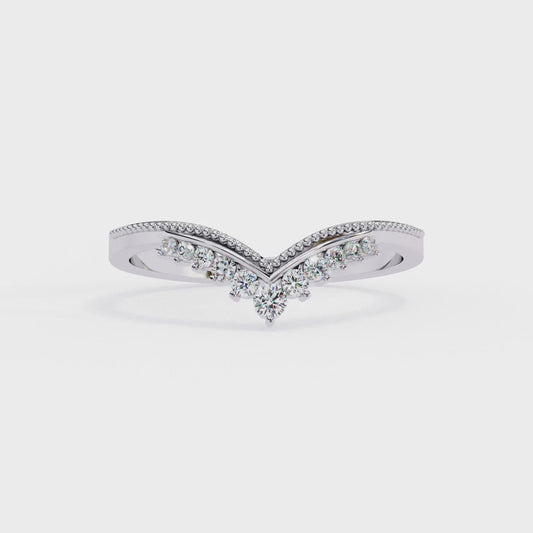 Chevron Crown Diamond Wedding Band – Milgrain V-Shape Tiara Design in 925 Silver, 10K/14K Rose, White & Yellow Gold, or Platinum – Finora Vintage Sparkle for Her