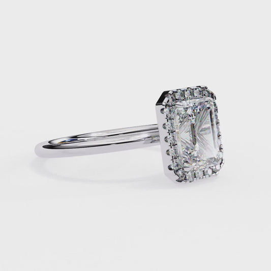 Emerald Cut Moissanite Halo Engagement Ring – Dainty Promise Ring – Anniversary / Birthday / Wedding Gift – 925 Silver / 10K / 14K / Platinum – White / Yellow / Rose Gold – Finora Jewelry