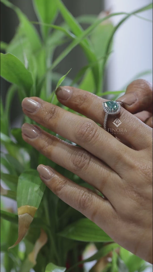 Cyan Blue Pear Cut Moissanite Halo Engagement Ring 2.30 CT in 925 Silver / 10K & 14K Gold