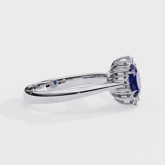 Oval Blue Sapphire & Diamond Halo Engagement Ring in 925 Silver, 10K/14K Gold, or Platinum – Finora Jewelry