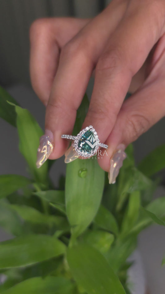 Cyan Blue Pear Cut Moissanite Halo Engagement Ring 2.30 CT in 925 Silver / 10K & 14K Gold