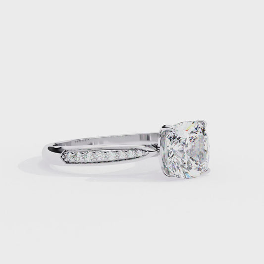 Cushion Cut Diamond Engagement Ring with Pavé Band – Classic Sparkle in White Gold or Platinum – Finora Elegant Solitaire Design – Timeless Gift for Her
