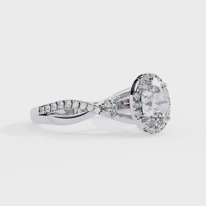 Finora Jewelry Oval Halo Diamond Engagement Ring – Twisted Pavé Band with Pear Accents – Available in 10K, 14K Gold (White, Rose, Yellow), 925 Sterling Silver & Platinum
